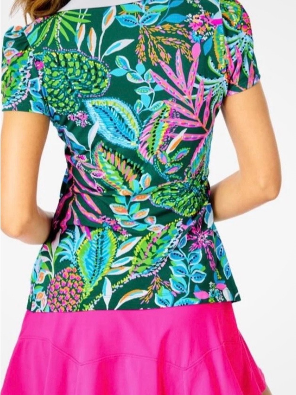 LILLY PULITZER Frida Luxletic Polo Top SUNSHINE JUNGLE, Size XL, Puff Sleeve - Picture 2 of 8